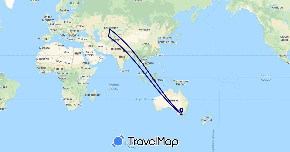 TravelMap itinerary: driving in Australia, Kyrgyzstan, Kazakhstan, Uzbekistan (Asia, Oceania)