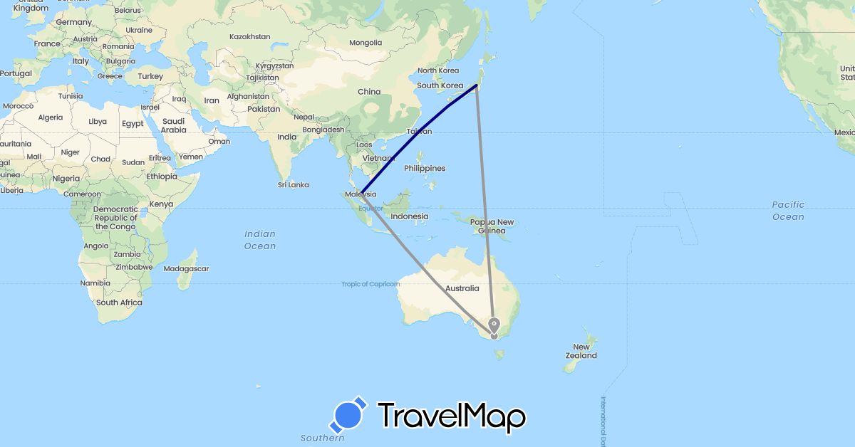 TravelMap itinerary: driving, plane in Australia, Japan, Malaysia, Taiwan (Asia, Oceania)
